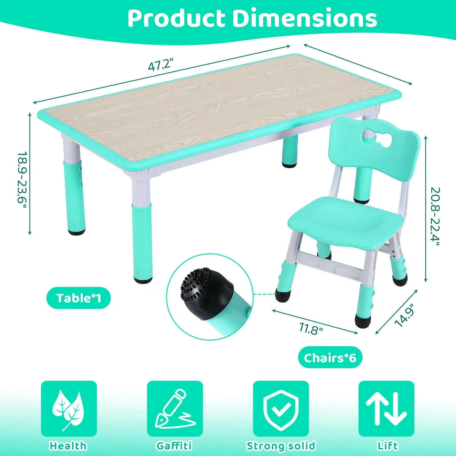 Art Craft Toddlers - Rectangle Kids Table With 6 Chairs