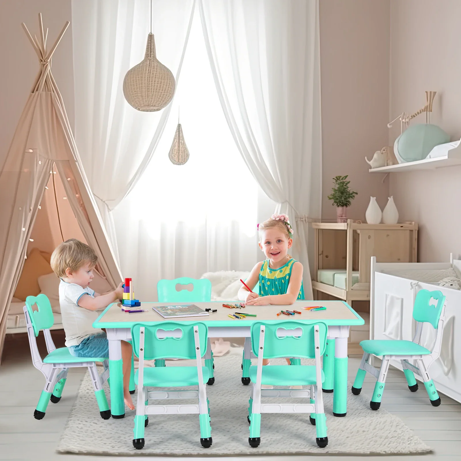 Rectangle Kids Table With 6 Ch - Art Craft Toddlers reseña y precio