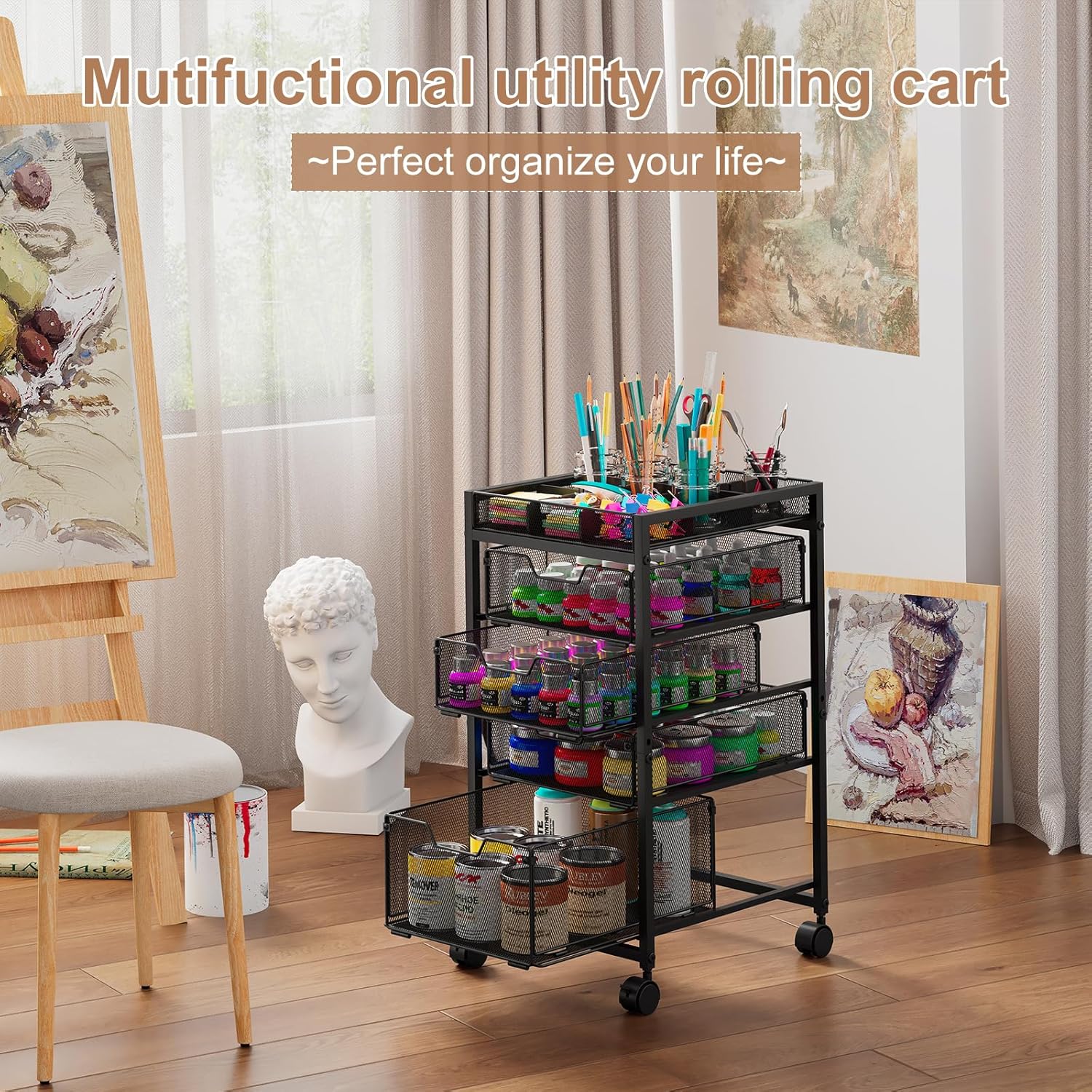 Rolling Utility Cart with 4 Dr - Art Craft Diy reseña y precio